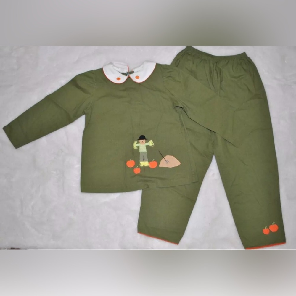 MONDAY'S CHILD Pumpkin Scarecrow Fall Harvest Outfit Top & Bottom 6X Girls